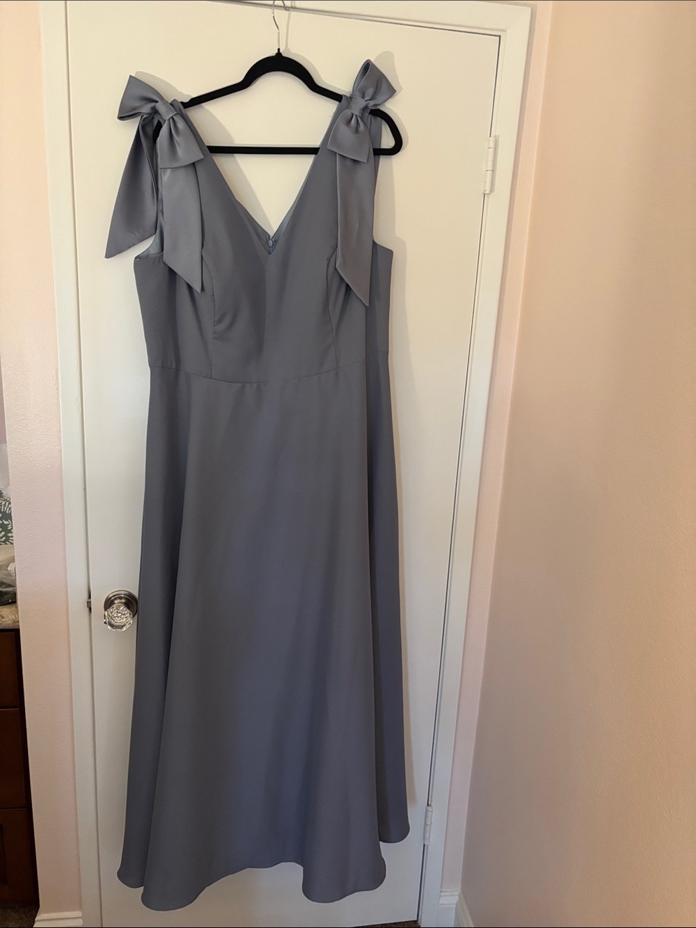 Bow-Shoulder V-Neck Maxi Dress in Slate Gray